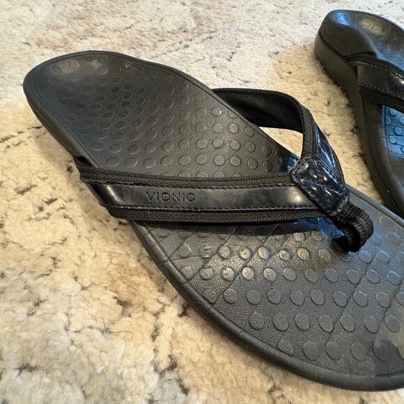 Vionic Black Leather Trimmed Flip Flop Sandals Orthotic Comfort Women's Size 9.5 - Picture 5 of 6